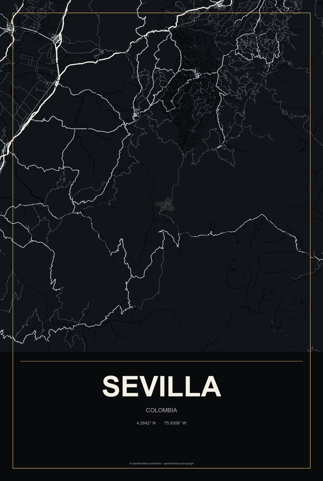 Sevilla, Colombia City Map Aluminum Sign in Metropolitan Noir style