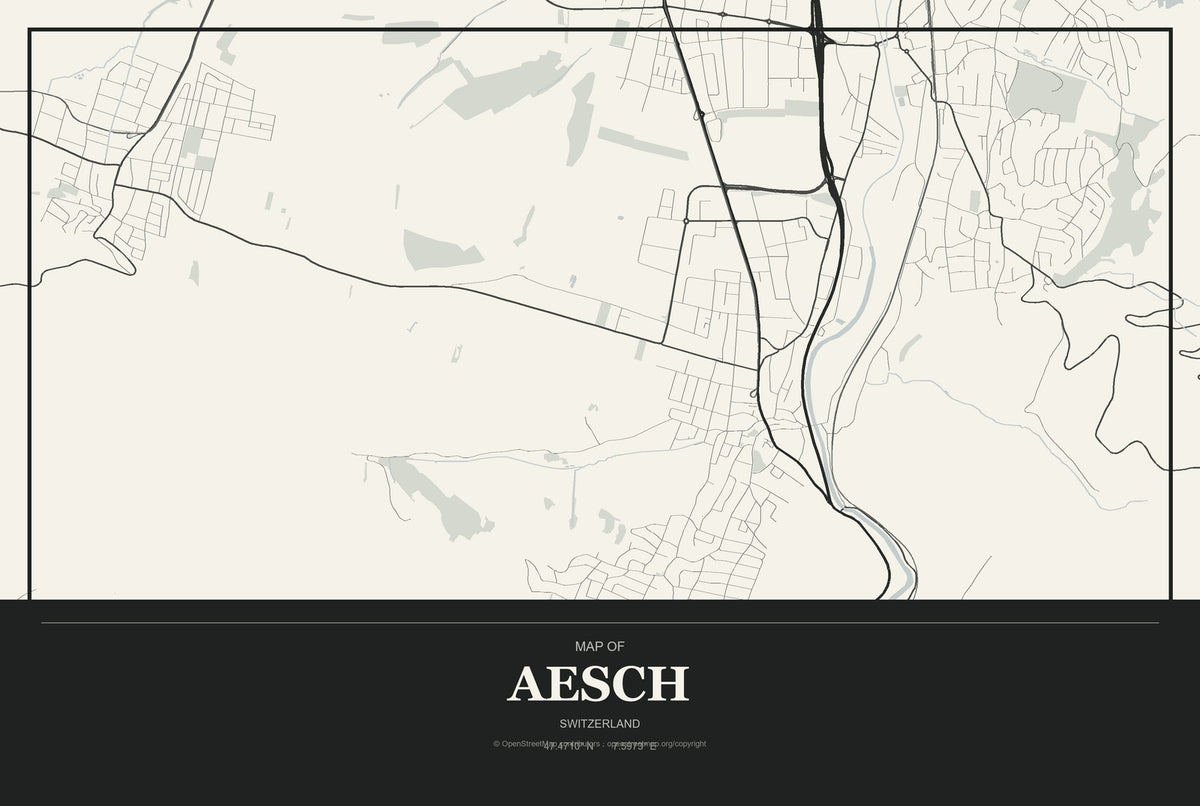 Aesch, Switzerland City Map Aluminum Sign in Museum Plaque style
