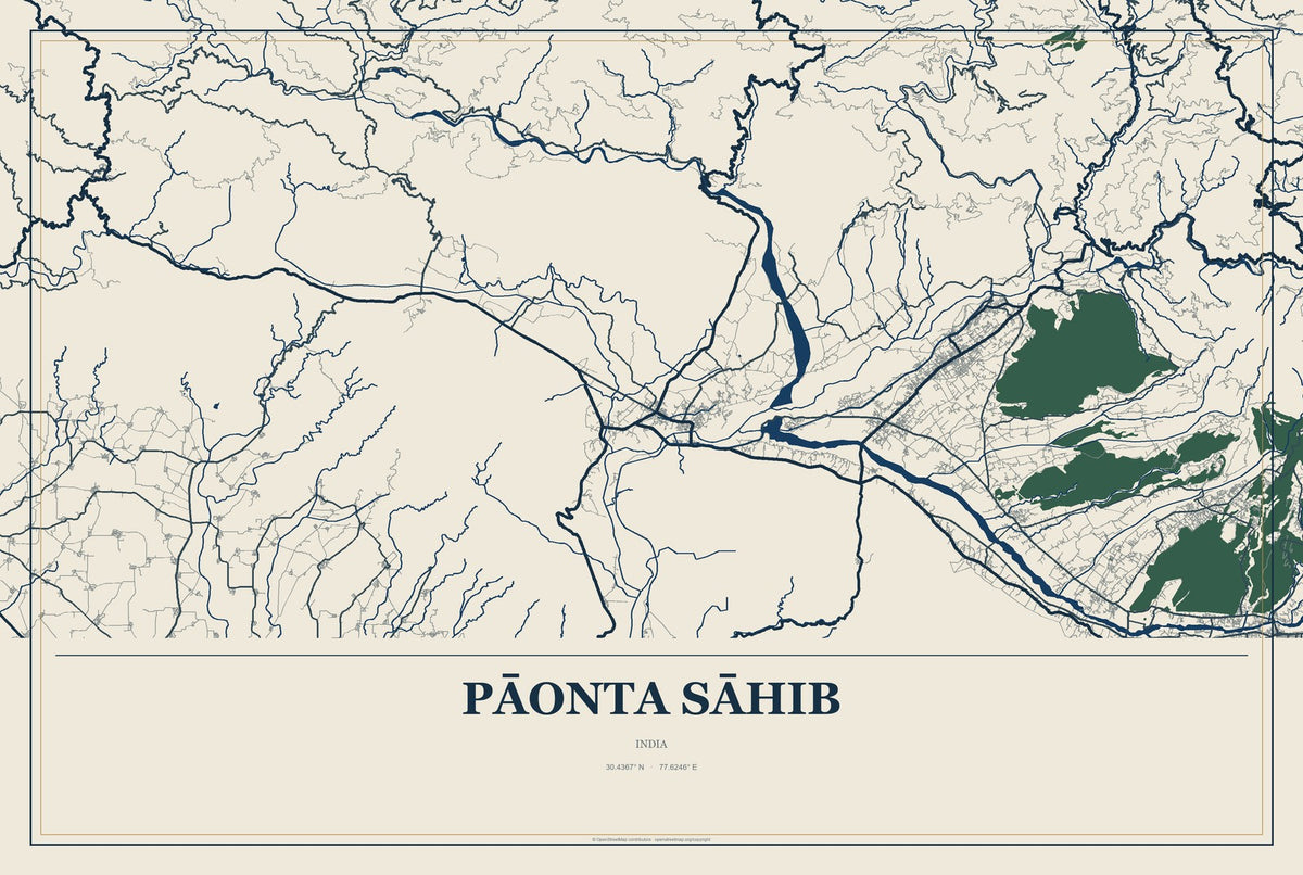 Pāonta Sāhib, India City Map Aluminum Sign in Coastal Cutout style