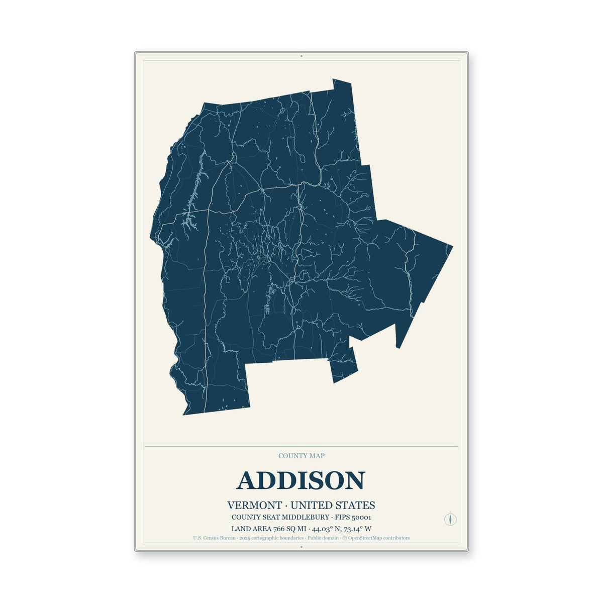 Addison County, Vermont Map Aluminum Sign in Coastal Cutout style