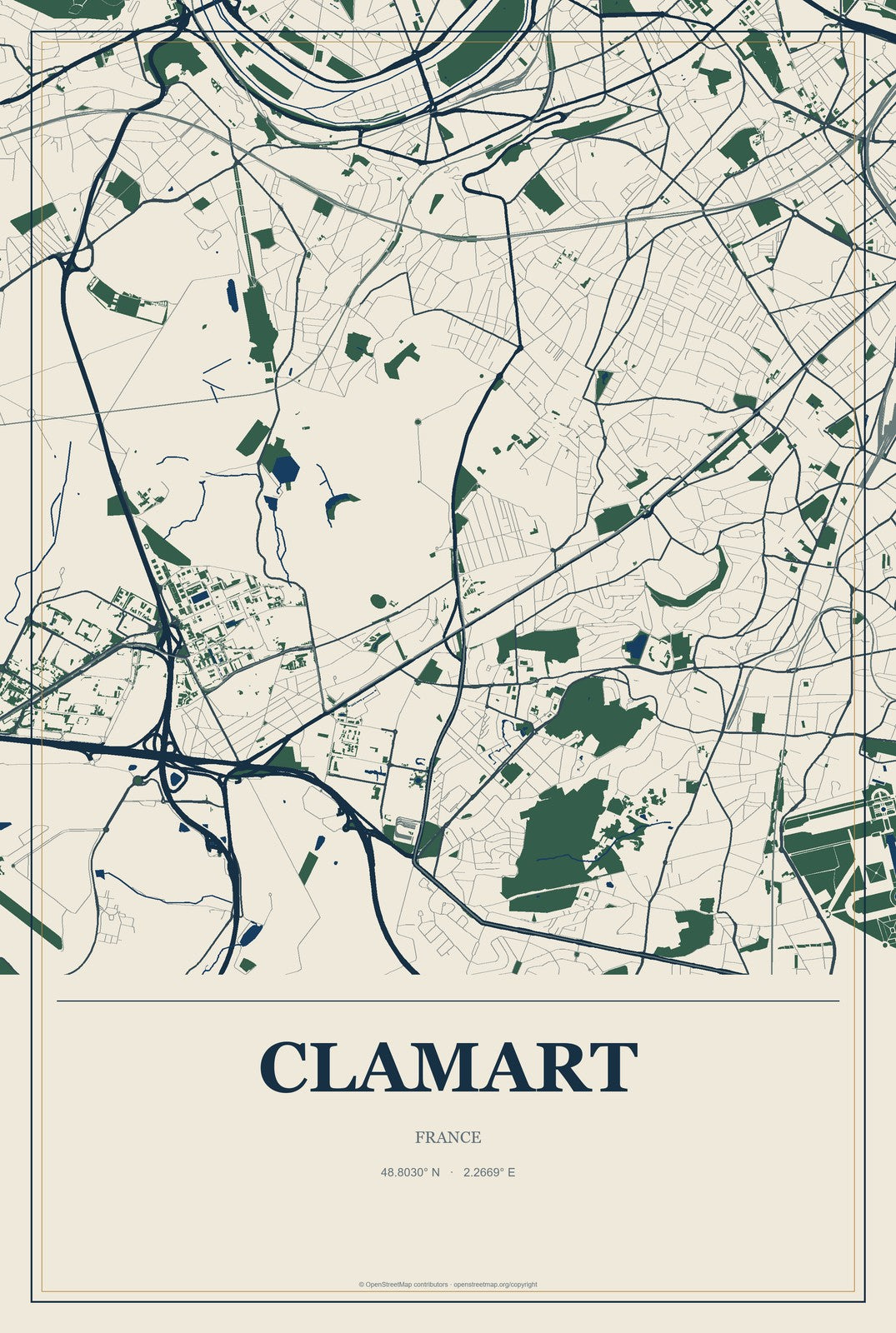 Clamart, France City Map Aluminum Sign in Coastal Cutout style