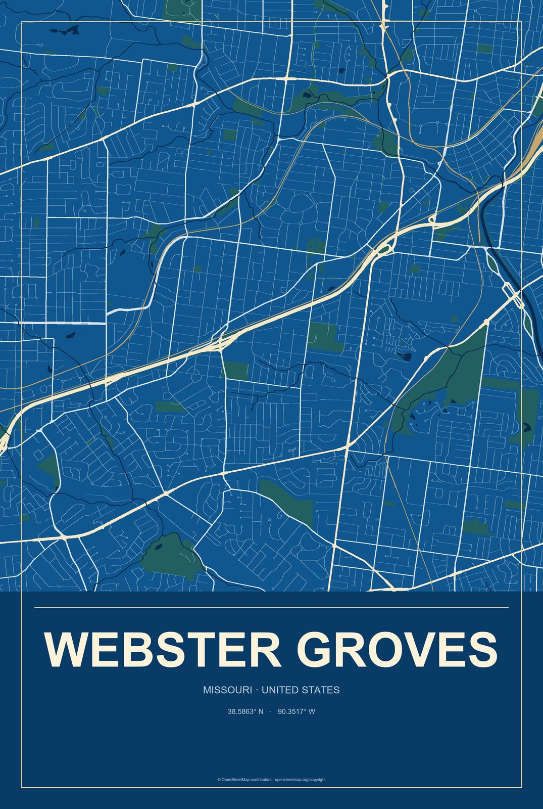 Webster Groves, Missouri City Map Aluminum Sign in Harbor Cobalt style