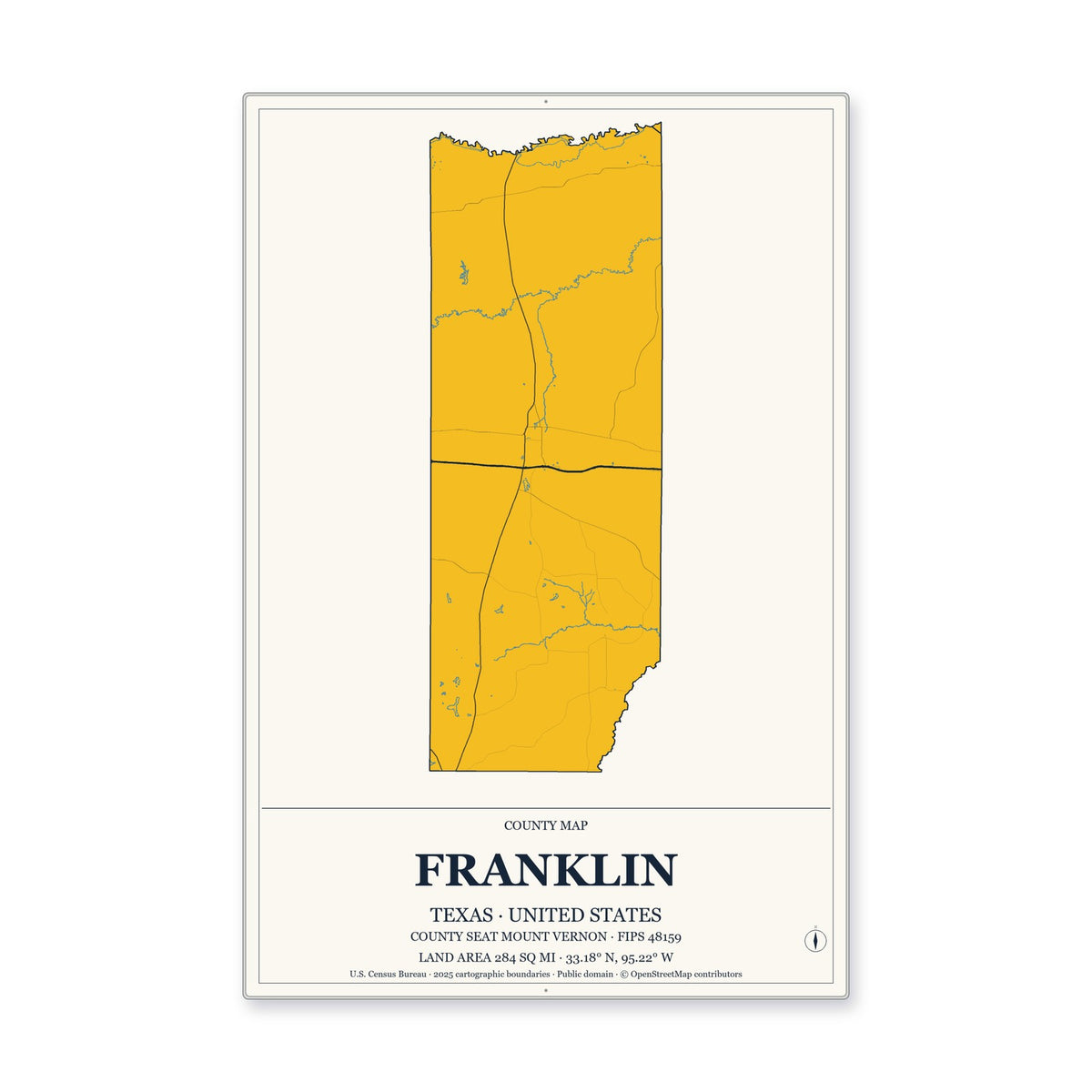 Franklin County, Texas Map Aluminum Sign in Citrine Modern style