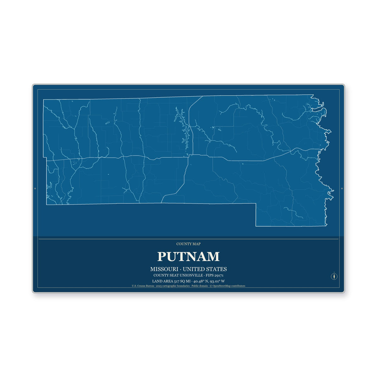 Putnam County, Missouri Map Aluminum Sign in Harbor Cobalt style