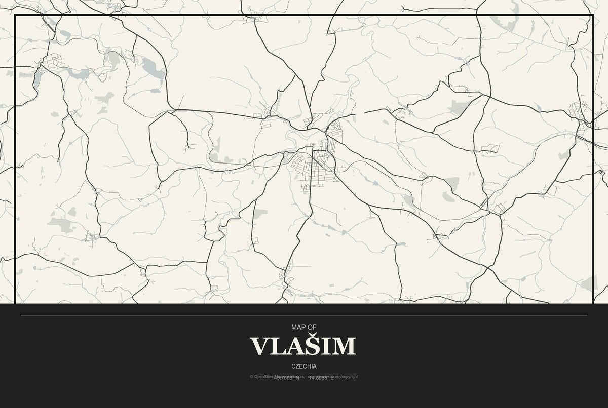 Vlašim, Czechia City Map Aluminum Sign in Museum Plaque style