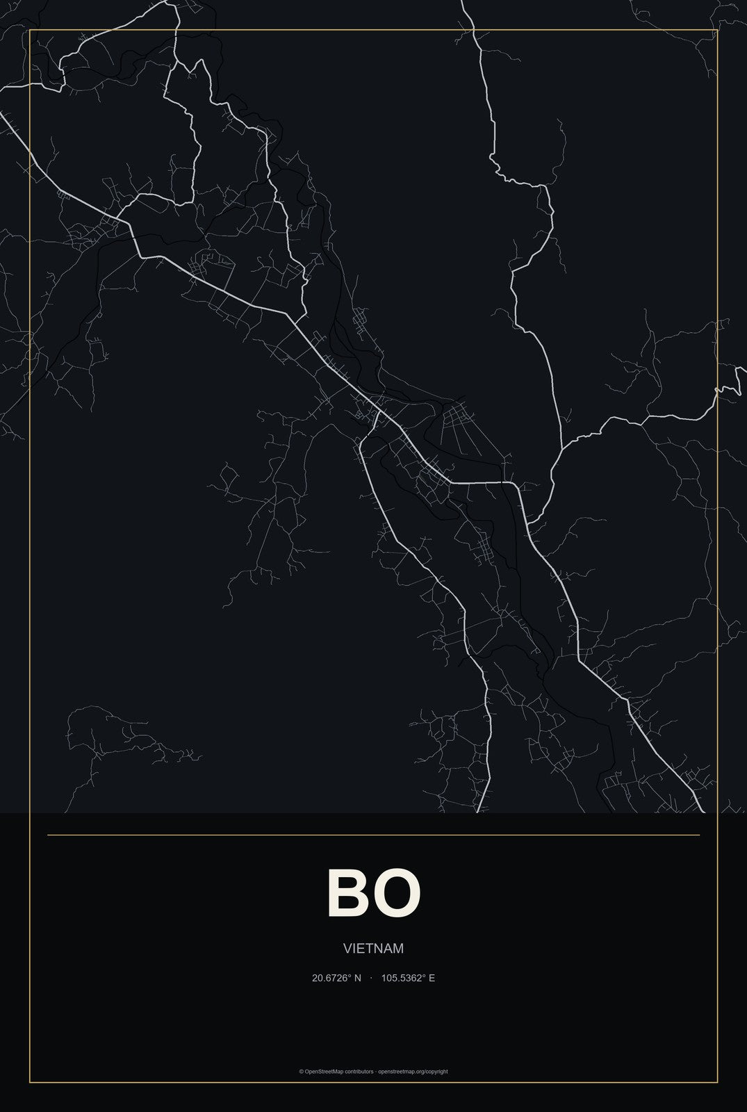 Bo, Vietnam City Map Aluminum Sign in Metropolitan Noir style