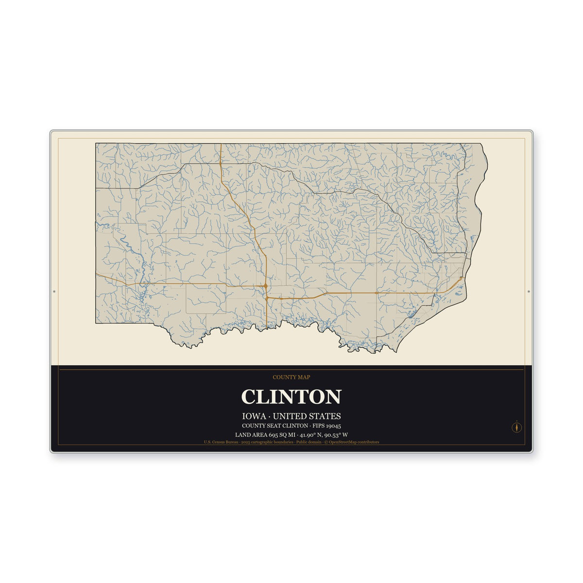 Clinton County, Iowa Map Aluminum Sign in Museum Plaque style