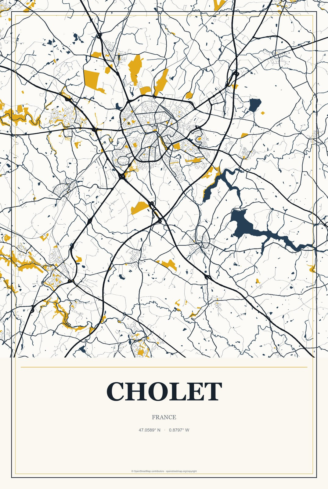 Cholet, France City Map Aluminum Sign in Citrine Modern style