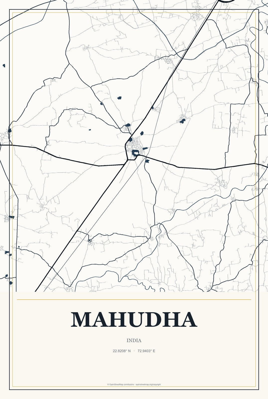Mahudha, India City Map Aluminum Sign in Citrine Modern style