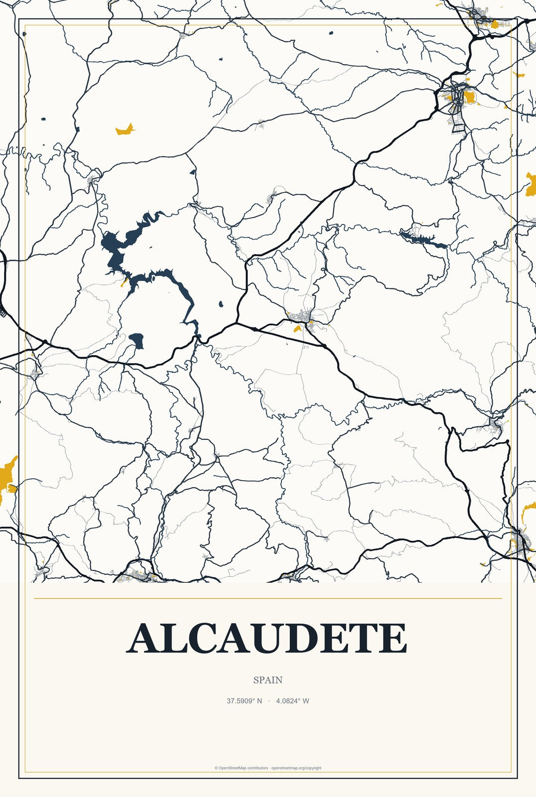 Alcaudete, Spain City Map Aluminum Sign in Citrine Modern style
