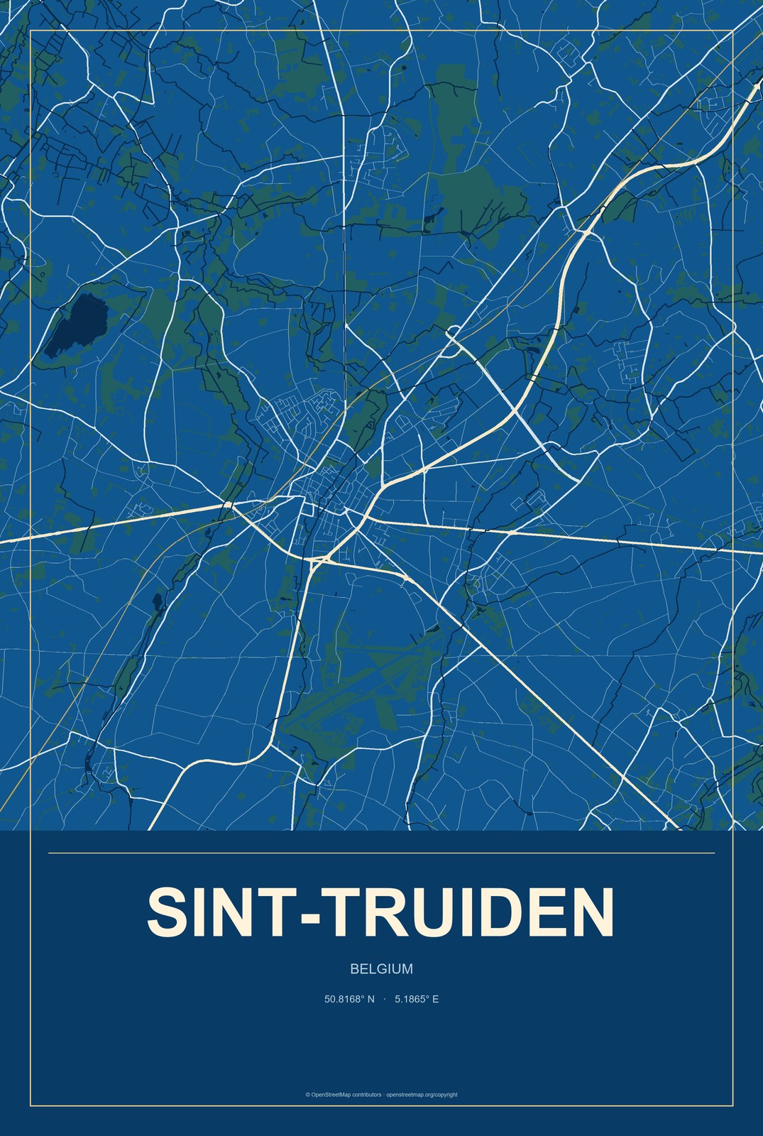 Sint-Truiden, Belgium City Map Aluminum Sign in Harbor Cobalt style