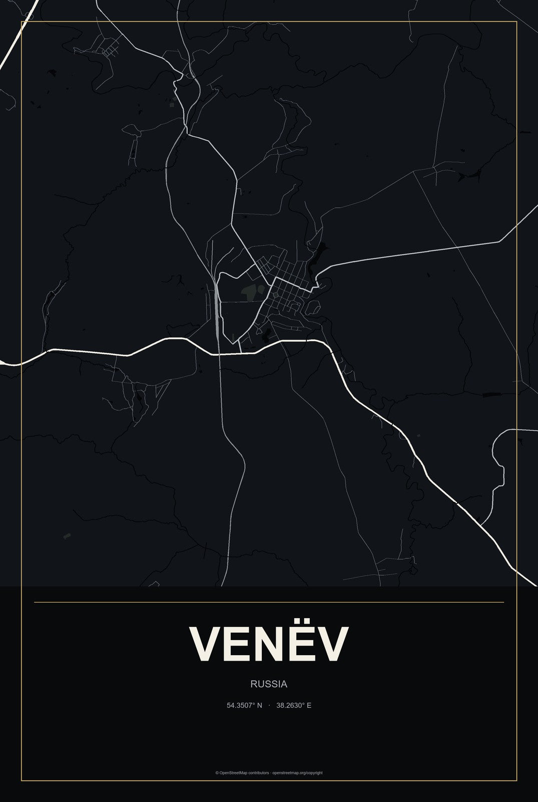 Venëv, Russia City Map Aluminum Sign in Metropolitan Noir style