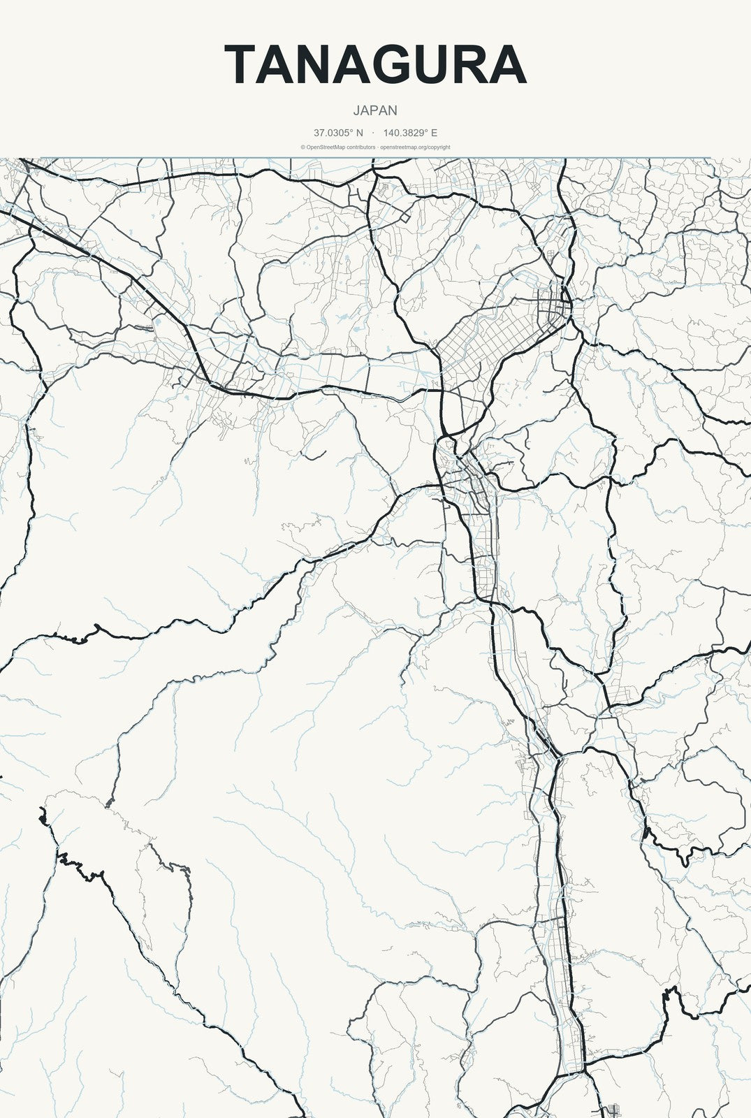 Tanagura, Japan City Map Aluminum Sign in Headline Atlas style