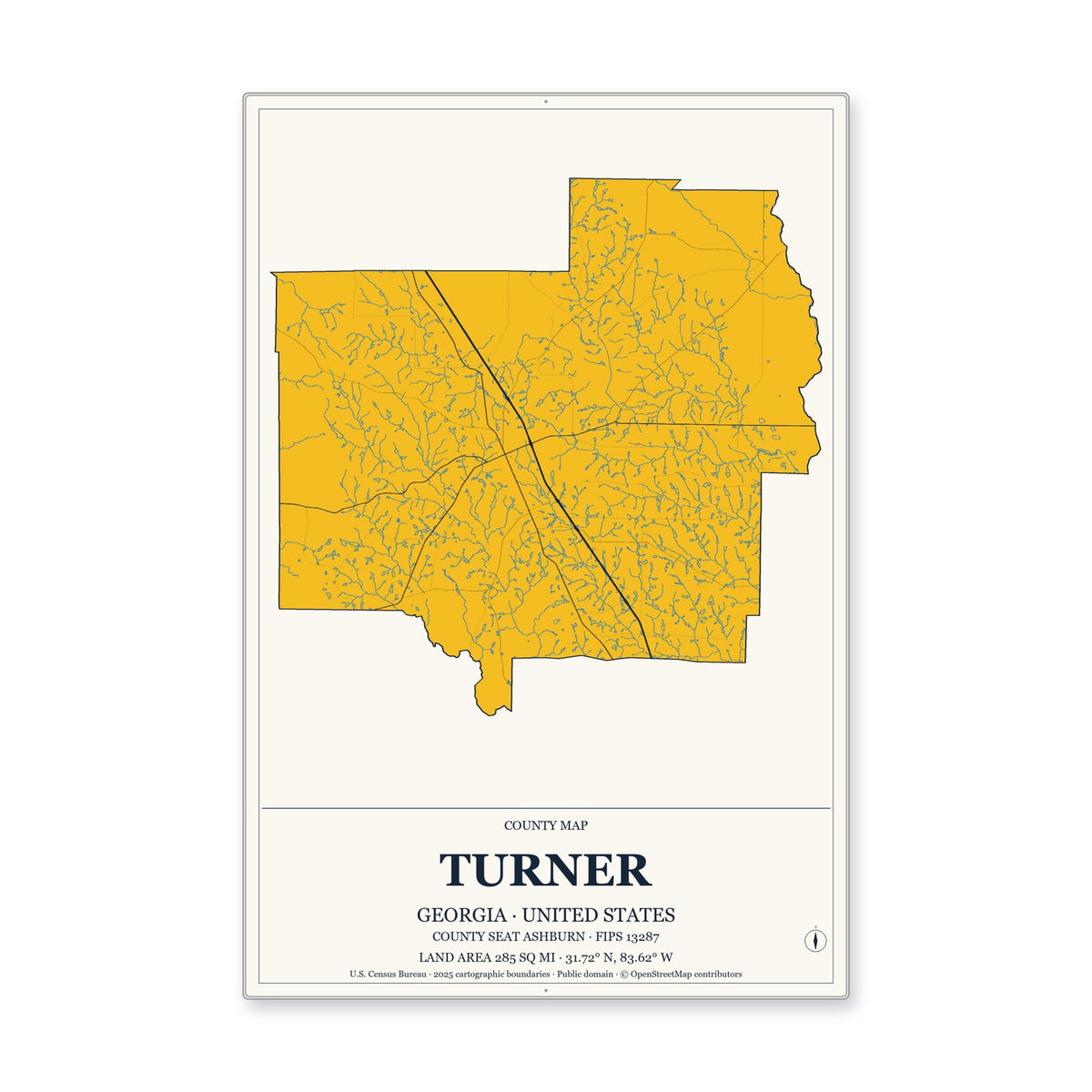 Turner County, Georgia Map Aluminum Sign in Citrine Modern style