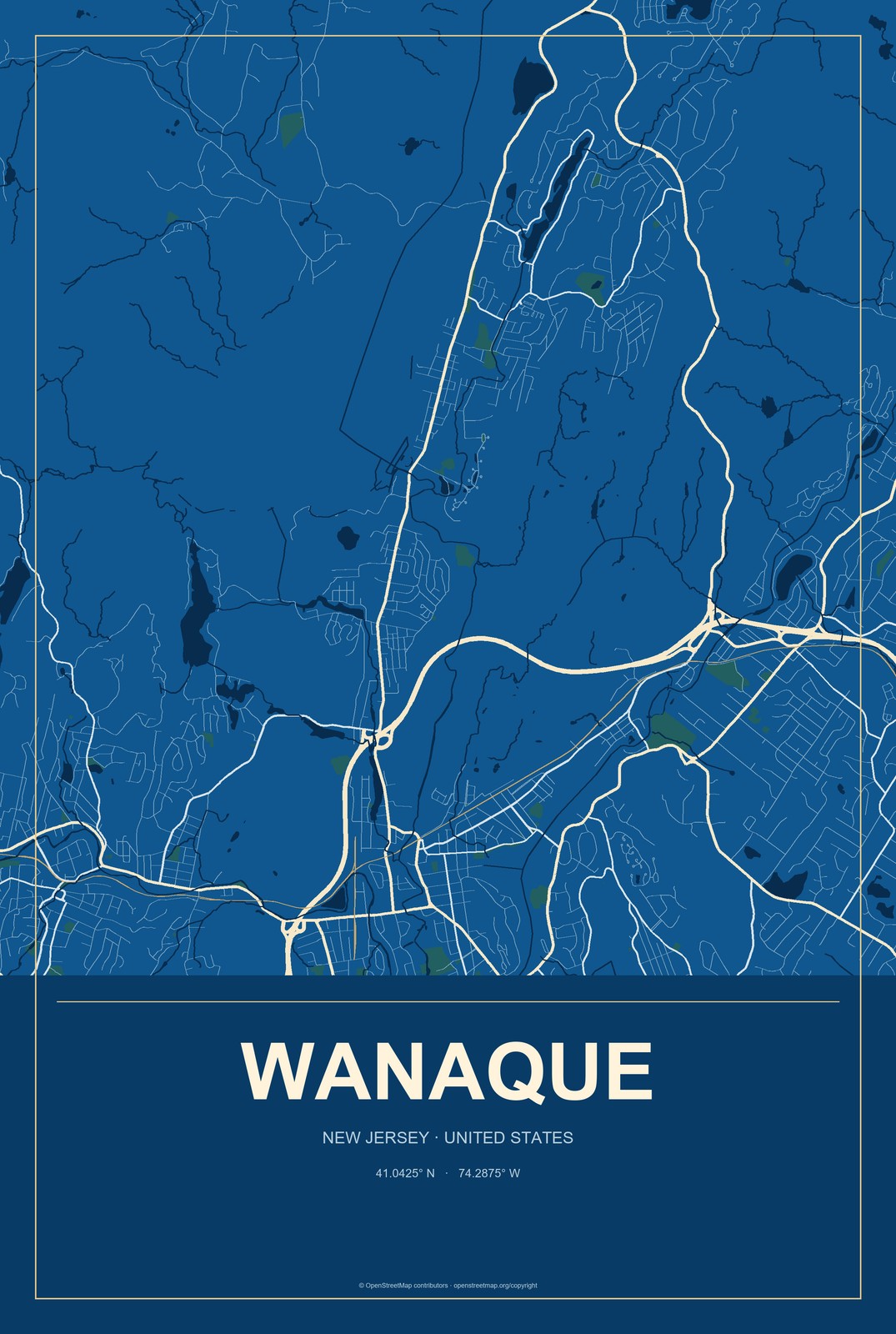 Wanaque, New Jersey City Map Aluminum Sign in Harbor Cobalt style
