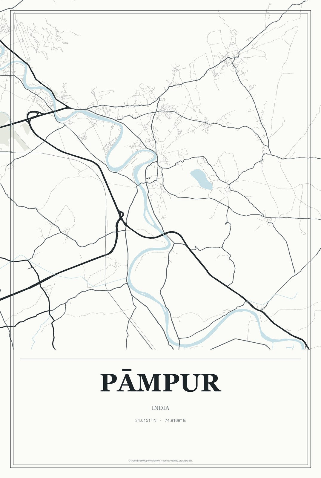 Pāmpur, India City Map Aluminum Sign in Gallery Air style