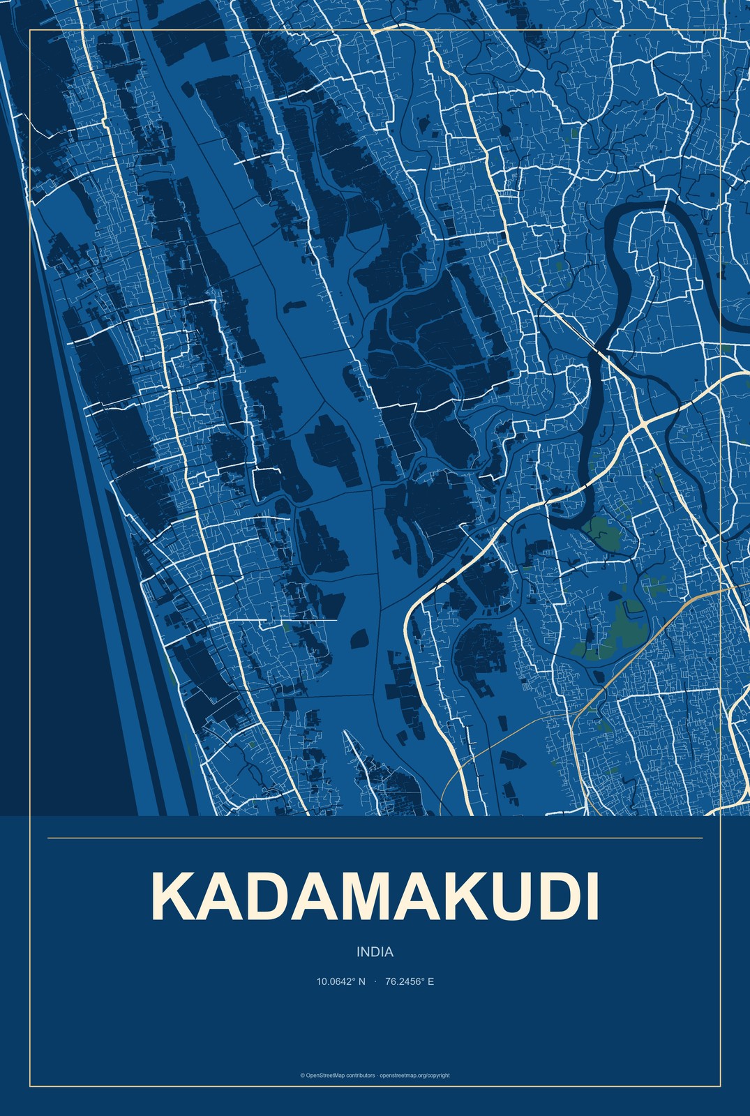 Kadamakudi, India City Map Aluminum Sign in Harbor Cobalt style