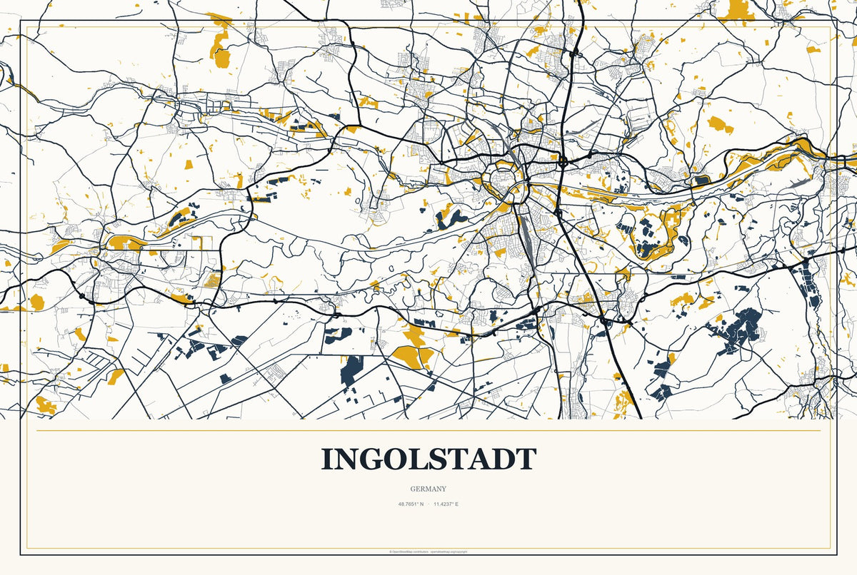 Ingolstadt, Germany City Map Aluminum Sign in Citrine Modern style