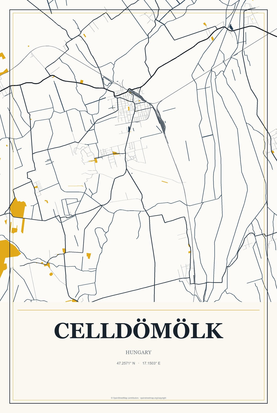 Celldömölk, Hungary City Map Aluminum Sign in Citrine Modern style