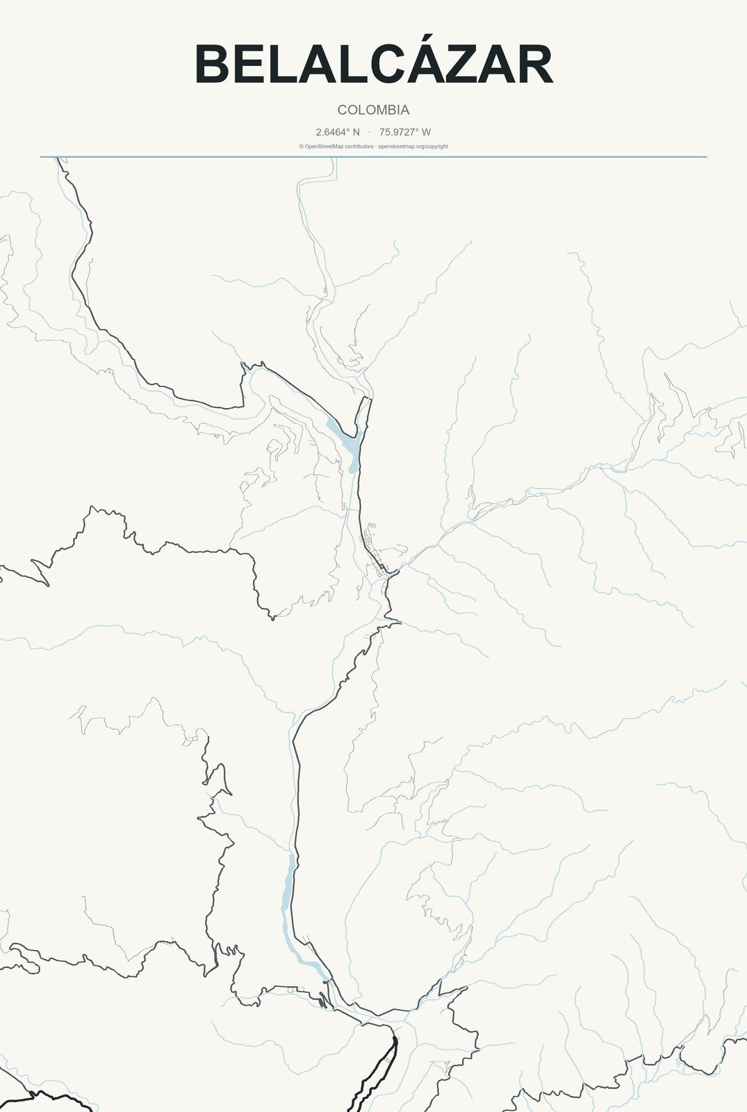 Belalcázar, Colombia City Map Aluminum Sign in Headline Atlas style