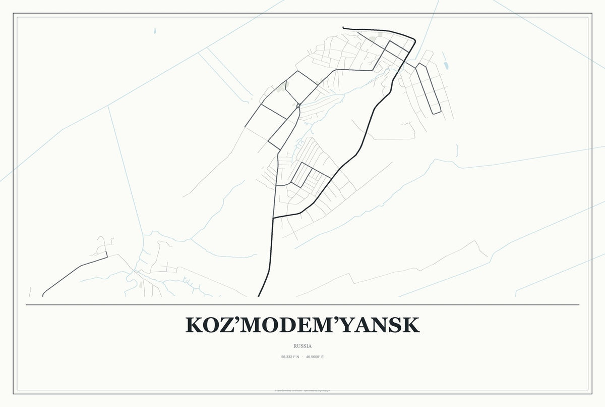Koz’modem’yansk, Russia City Map Aluminum Sign in Gallery Air style