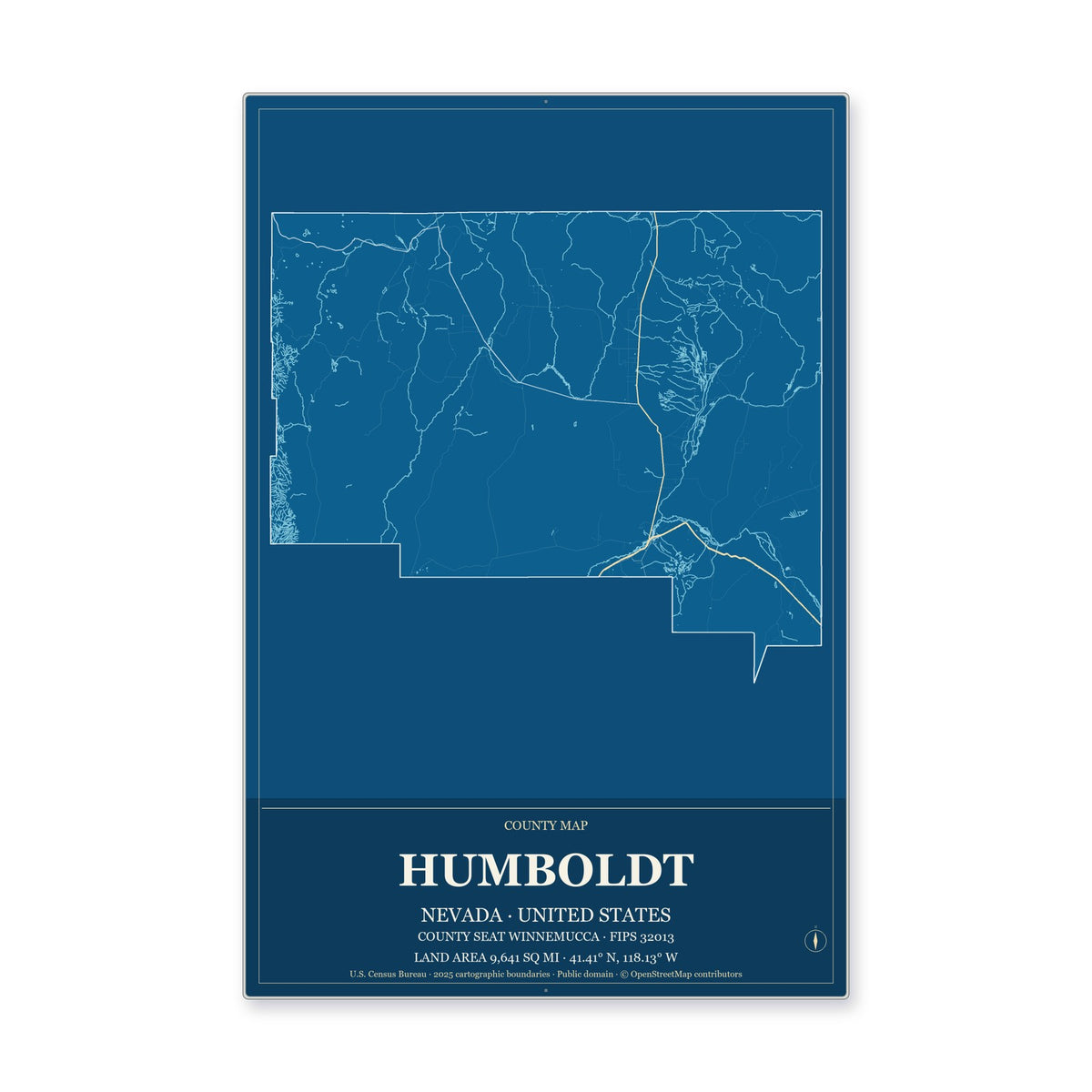 Humboldt County, Nevada Map Aluminum Sign in Harbor Cobalt style