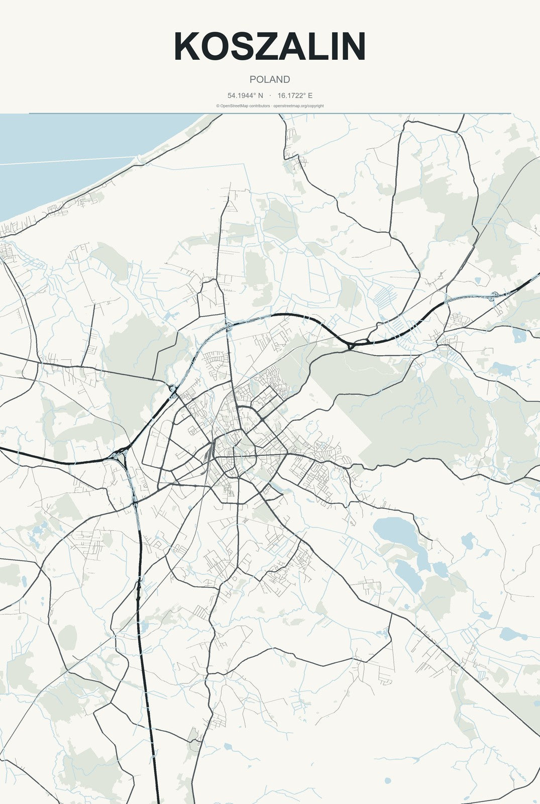 Koszalin, Poland City Map Aluminum Sign in Headline Atlas style