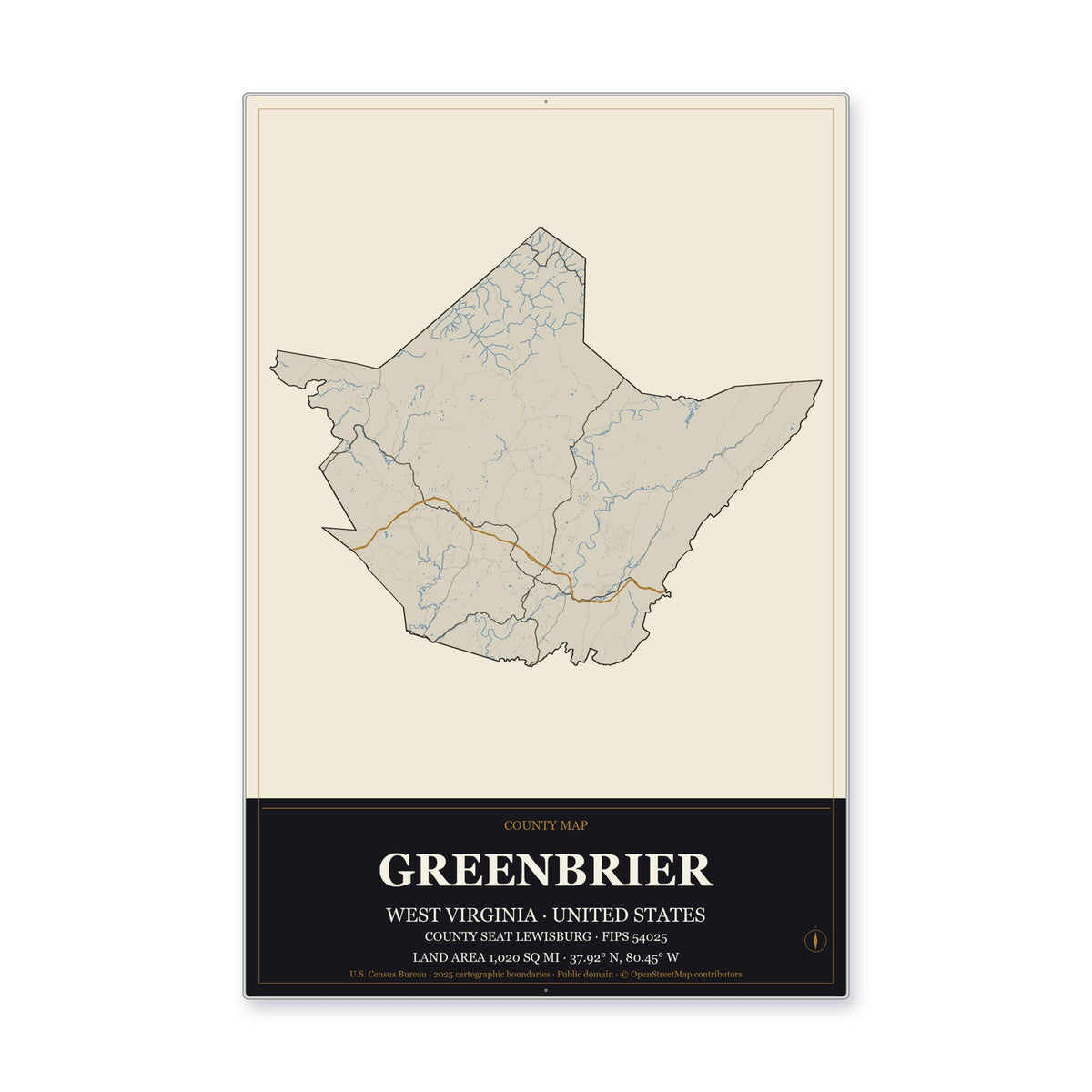 Greenbrier County, West Virginia Map Aluminum Sign in Museum Plaque style