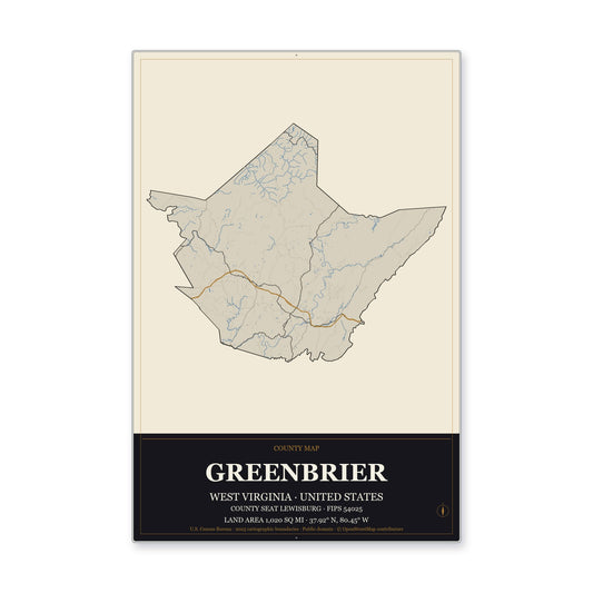 Greenbrier County, West Virginia Map Aluminum Sign in Museum Plaque style