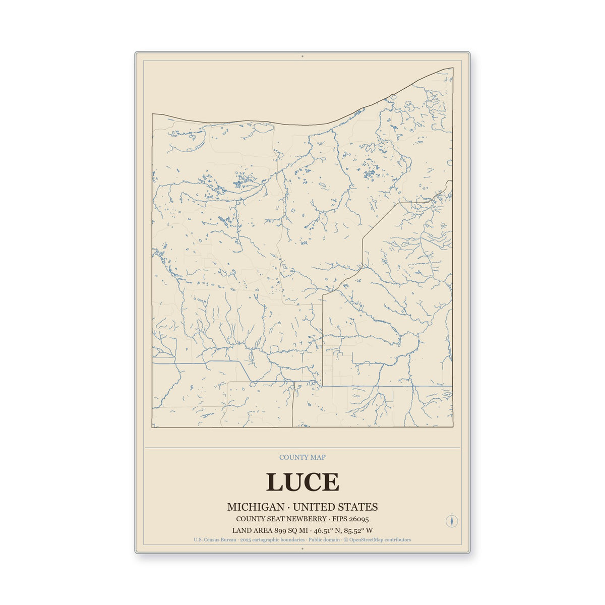 Luce County, Michigan Map Aluminum Sign in Heritage Nautical style