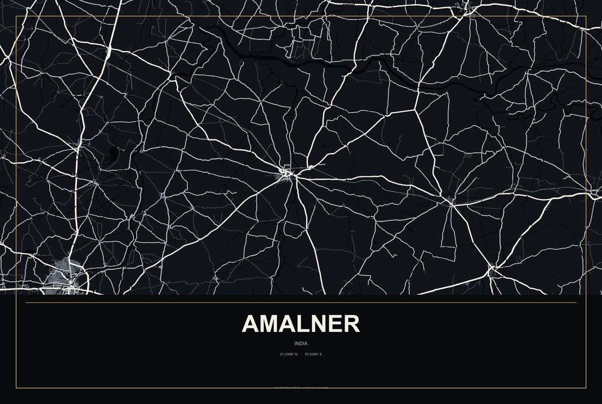 Amalner, India City Map Aluminum Sign in Metropolitan Noir style