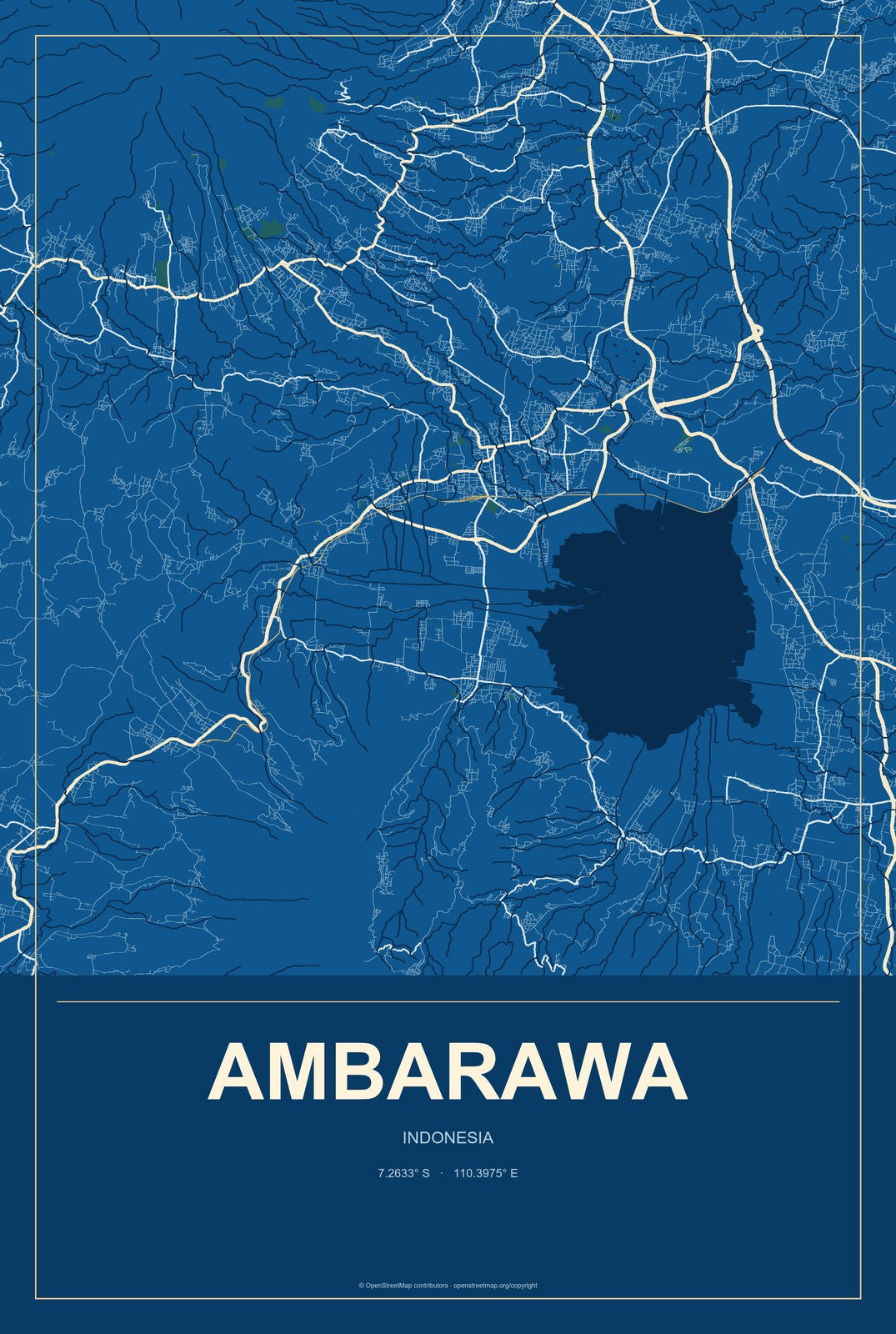 Ambarawa, Indonesia City Map Aluminum Sign in Harbor Cobalt style