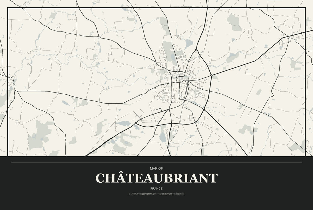 Châteaubriant, France City Map Aluminum Sign in Museum Plaque style