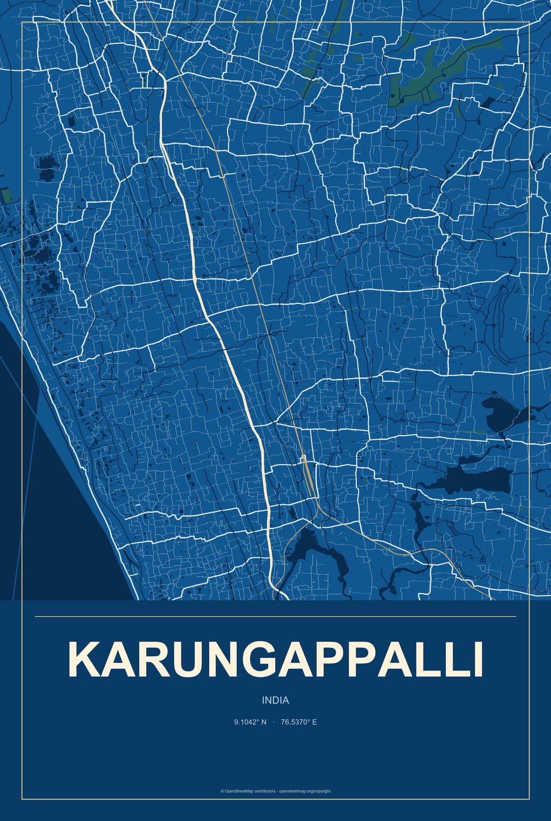 Karungappalli, India City Map Aluminum Sign in Harbor Cobalt style