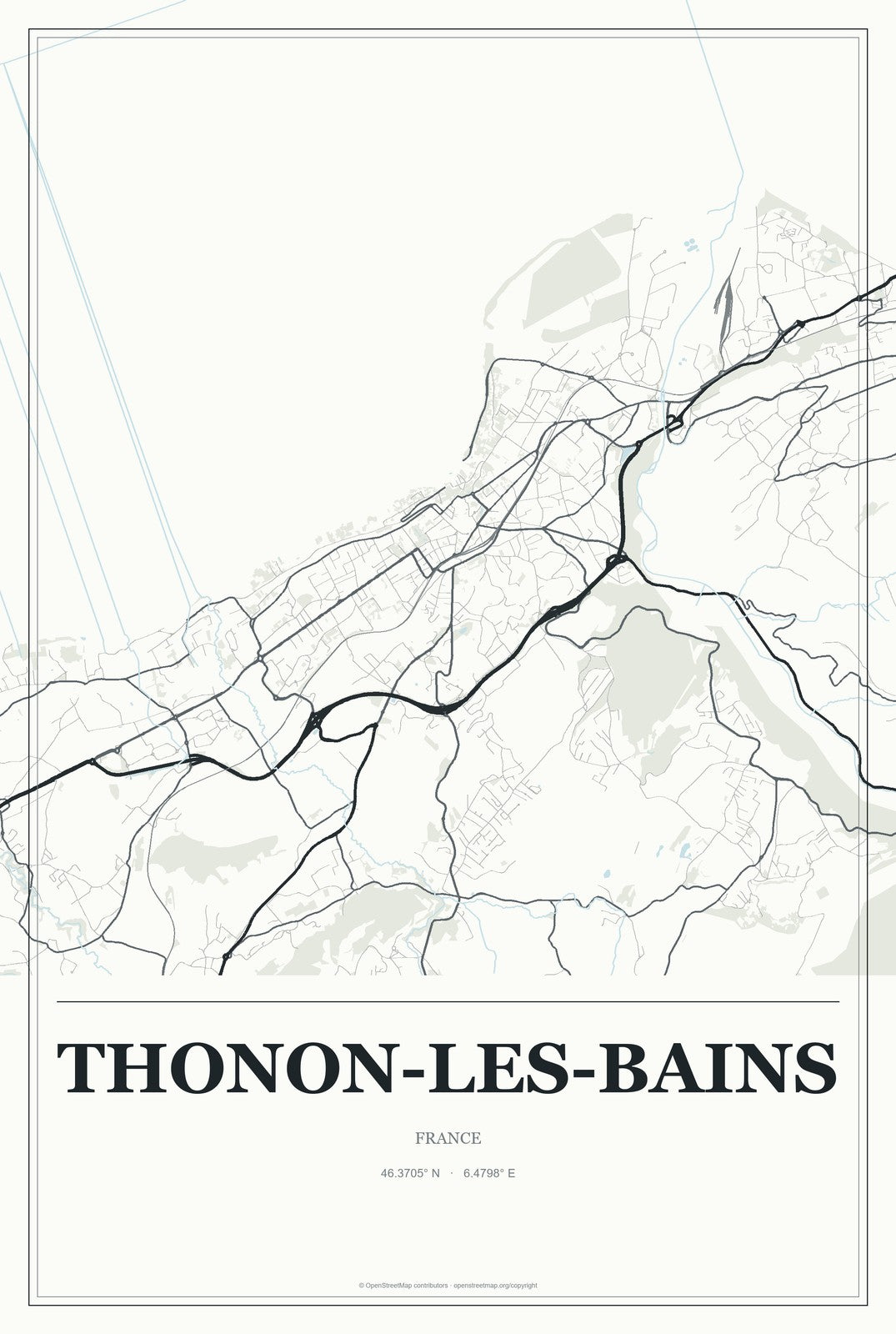 Thonon-les-Bains, France City Map Aluminum Sign in Gallery Air style