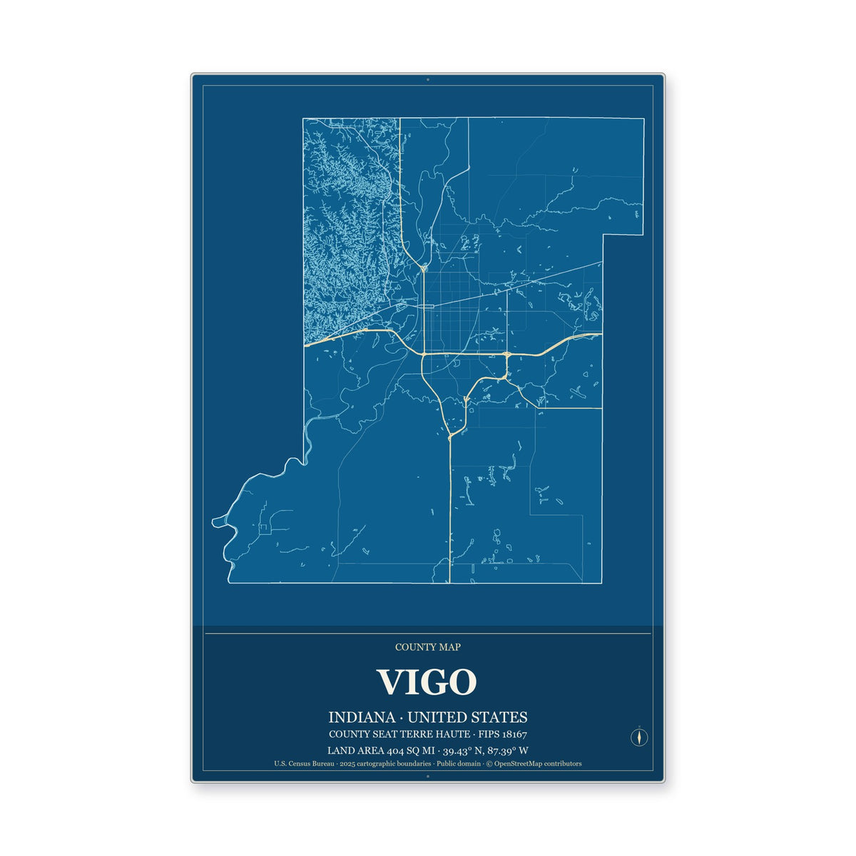 Vigo County, Indiana Map Aluminum Sign in Harbor Cobalt style