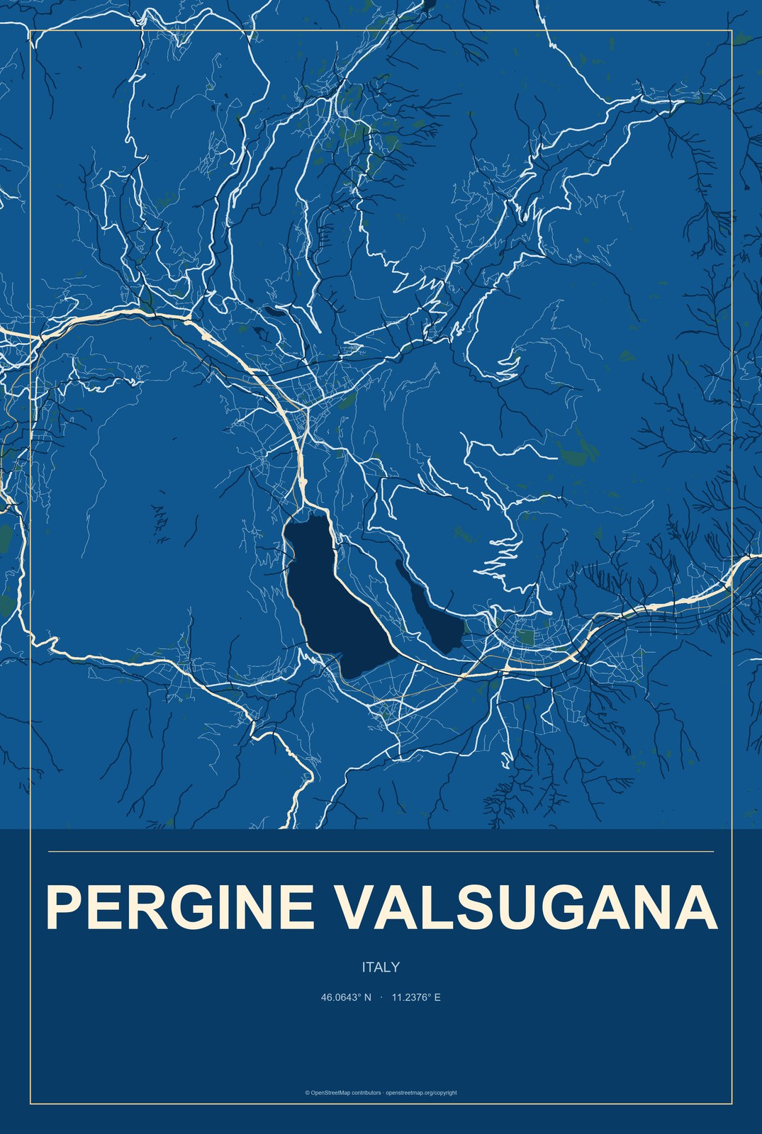 Pergine Valsugana, Italy City Map Aluminum Sign in Harbor Cobalt style
