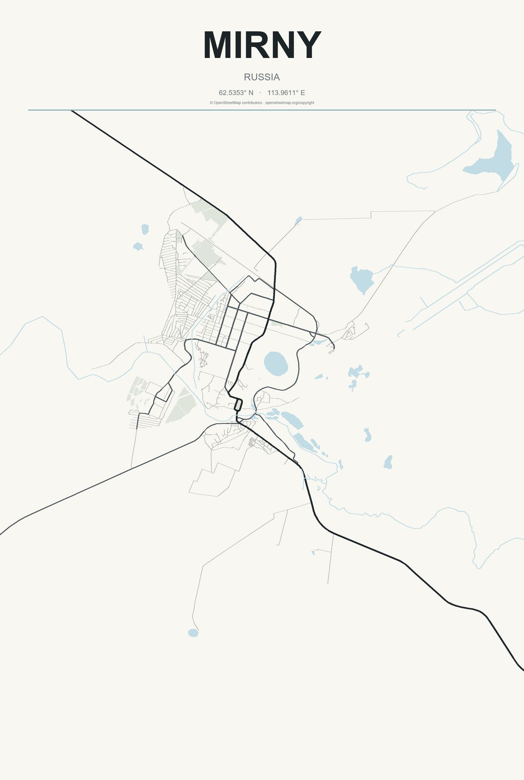 Mirny, Russia City Map Aluminum Sign in Headline Atlas style