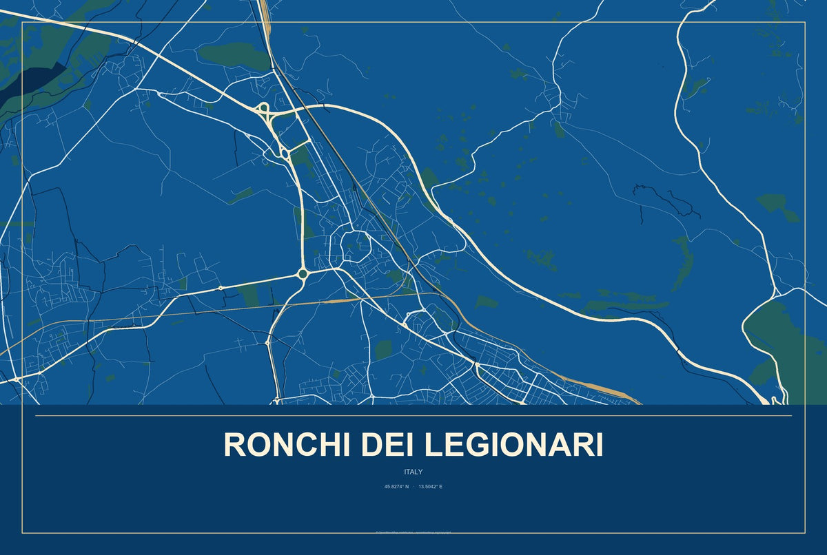 Ronchi dei Legionari, Italy City Map Aluminum Sign in Harbor Cobalt style