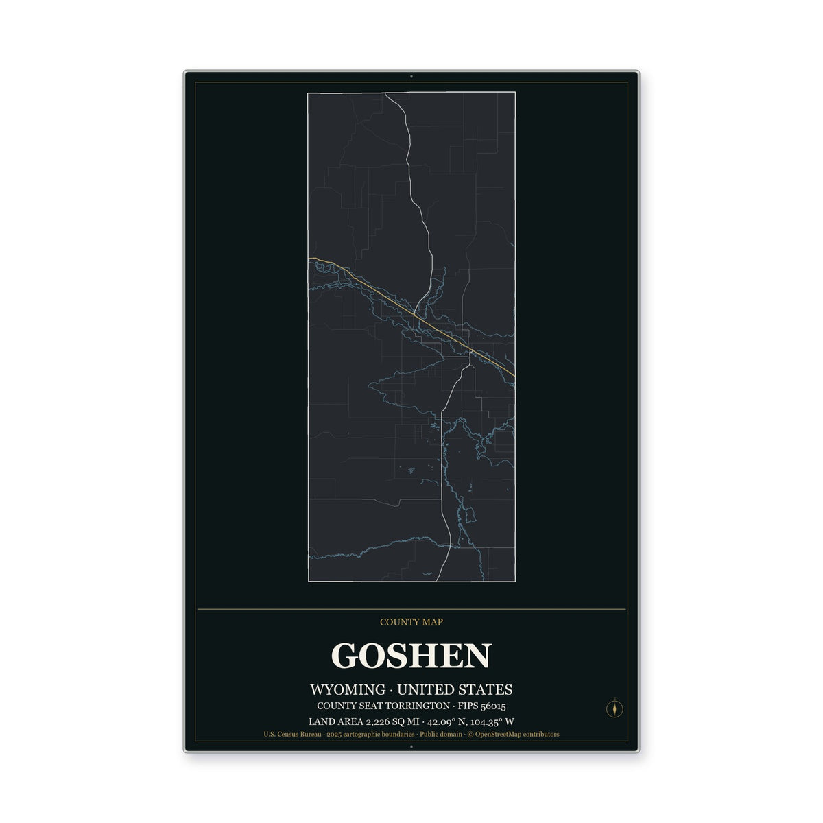 Goshen County, Wyoming Map Aluminum Sign in Metropolitan Noir style