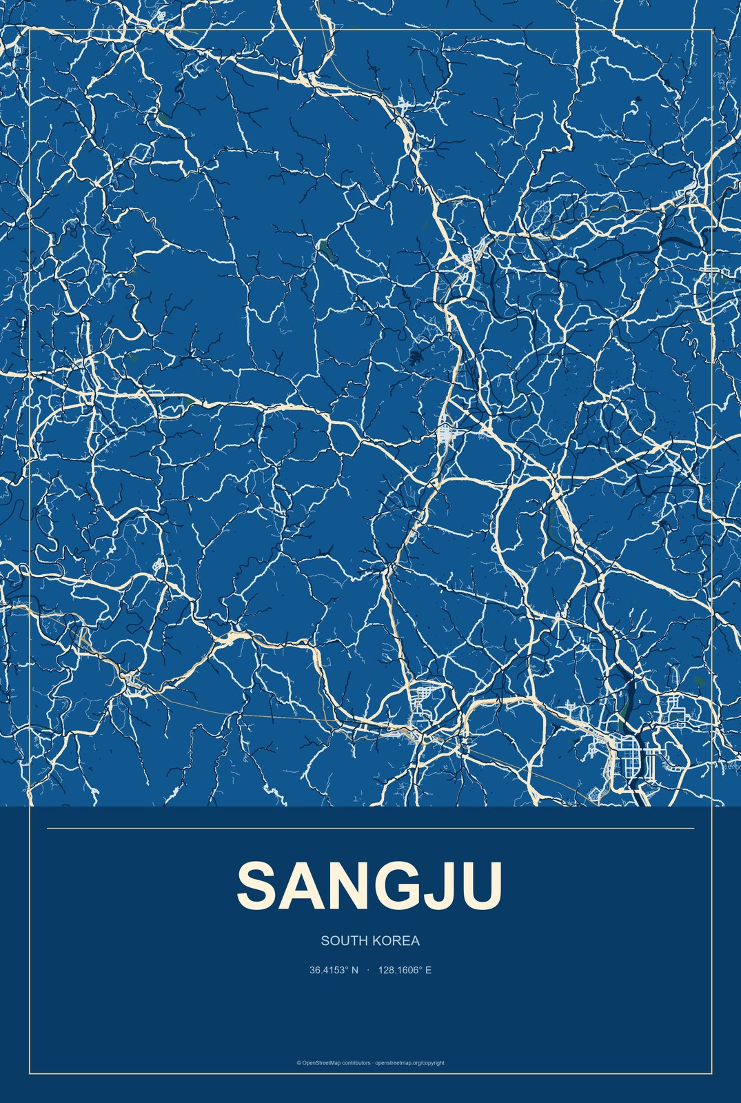 Sangju, South Korea City Map Aluminum Sign in Harbor Cobalt style
