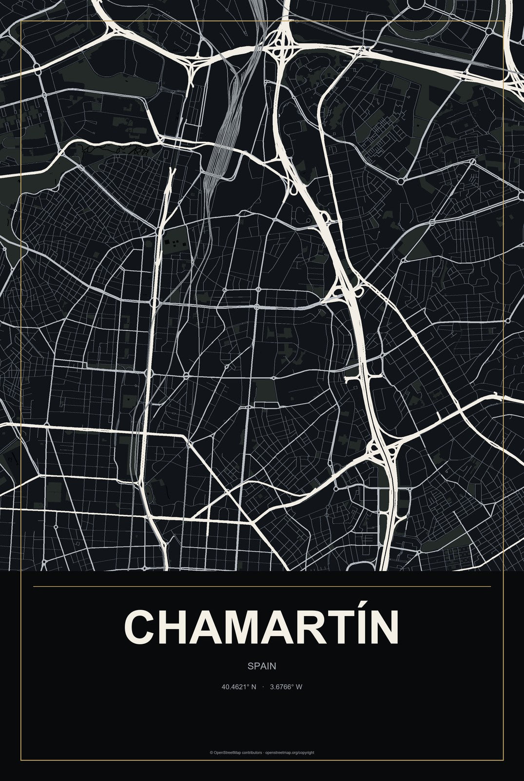 Chamartín, Spain City Map Aluminum Sign in Metropolitan Noir style