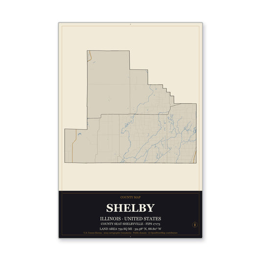 Shelby County, Illinois Map Aluminum Sign in Museum Plaque style