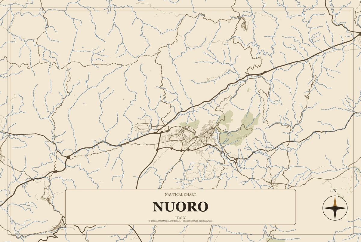 Nuoro, Italy City Map Aluminum Sign in Heritage Nautical style