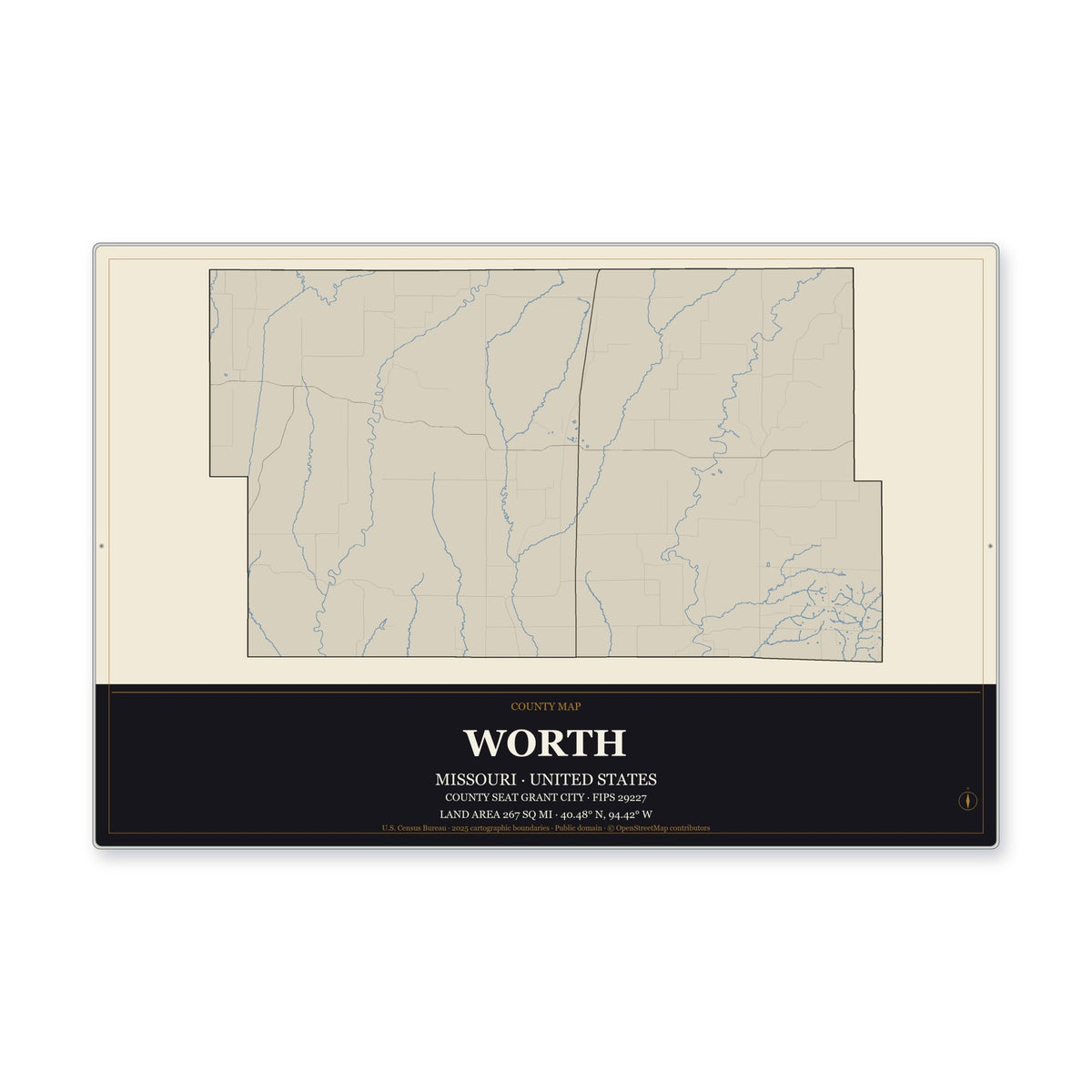 Worth County, Missouri Map Aluminum Sign in Museum Plaque style