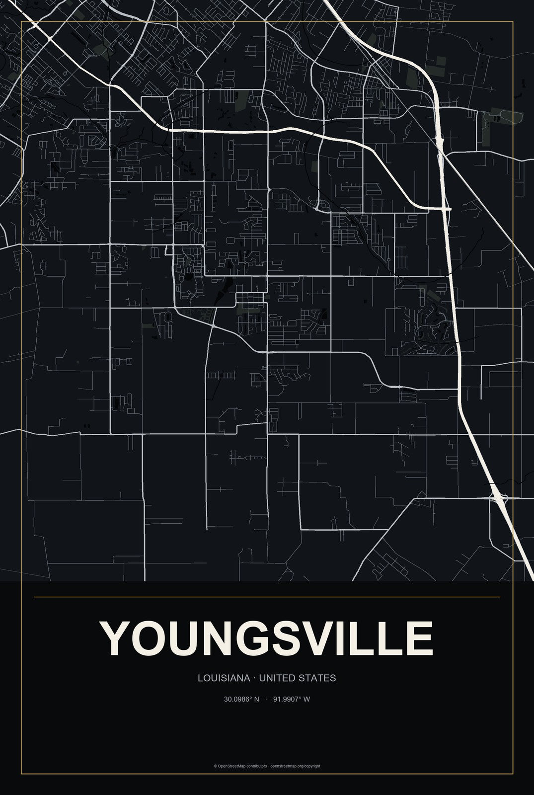 Youngsville, Louisiana City Map Aluminum Sign in Metropolitan Noir style