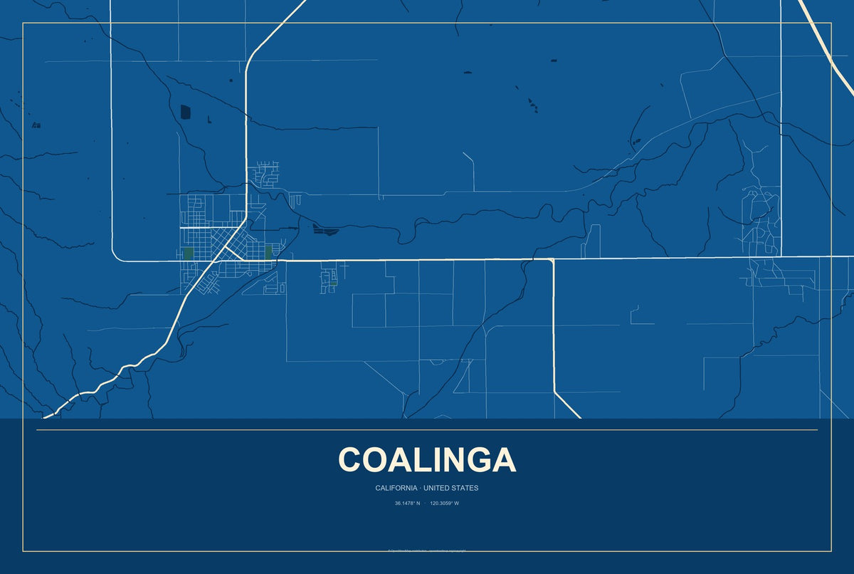 Coalinga, California City Map Aluminum Sign in Harbor Cobalt style