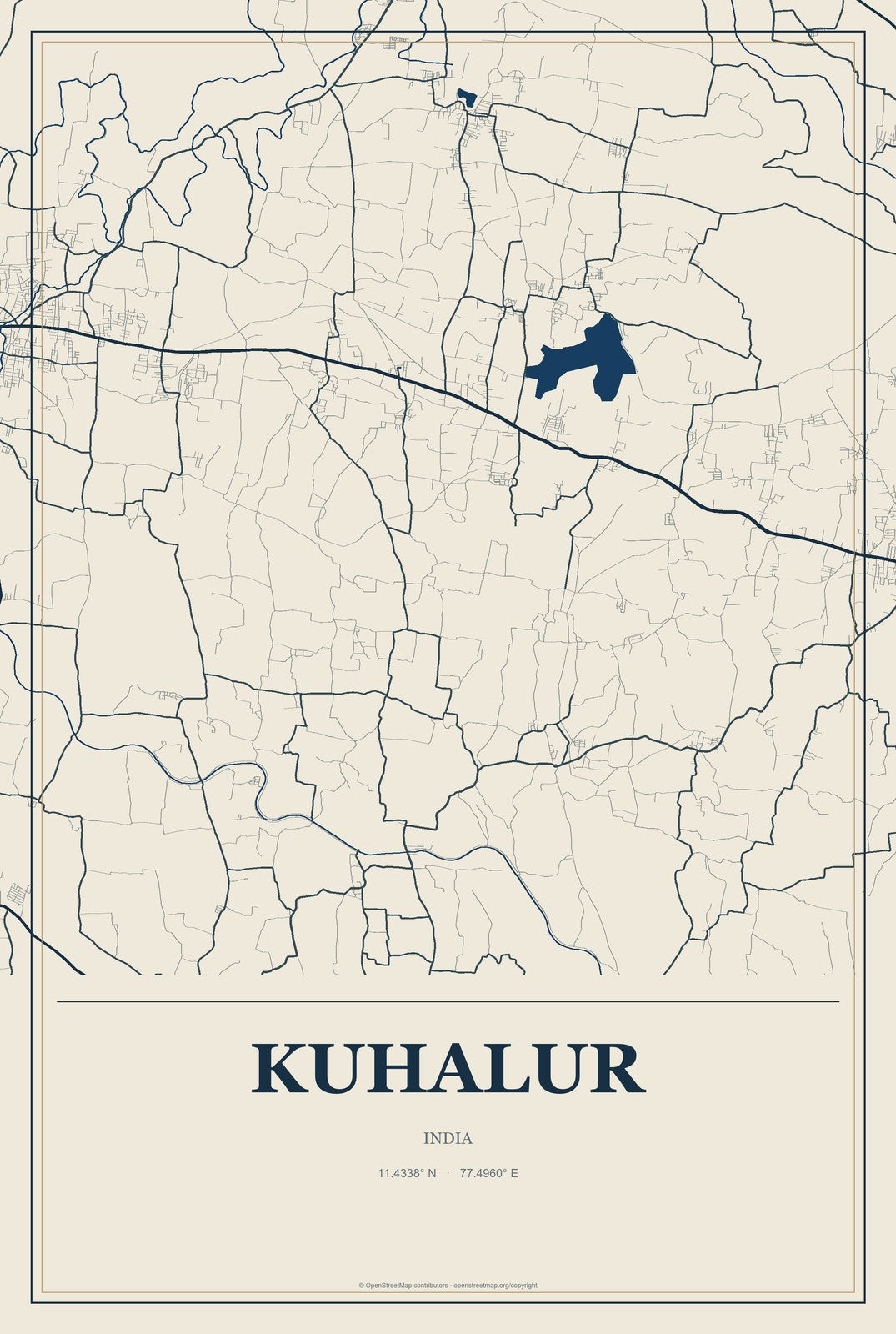 Kuhalur, India City Map Aluminum Sign in Coastal Cutout style