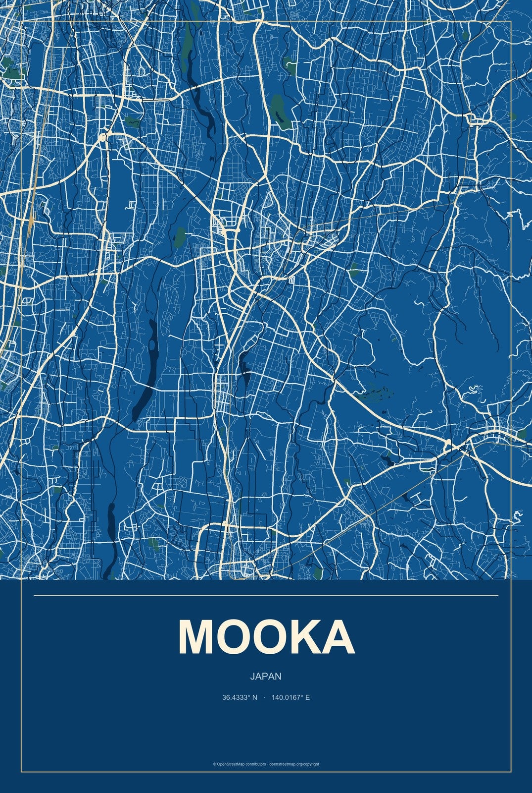 Mooka, Japan City Map Aluminum Sign in Harbor Cobalt style