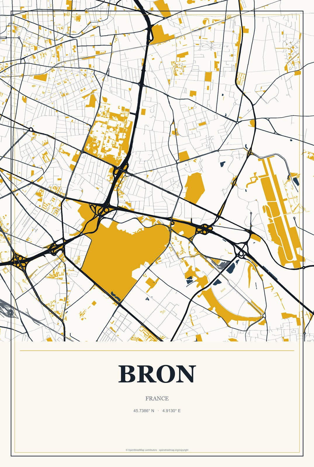 Bron, France City Map Aluminum Sign in Citrine Modern style